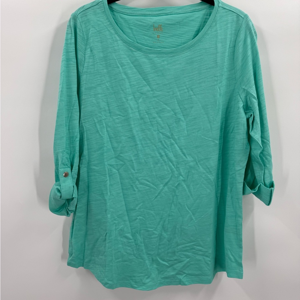 Belle by Kim Gravel Turquoise Roll-Tab Sleeve Slub Knit Top - Size Small